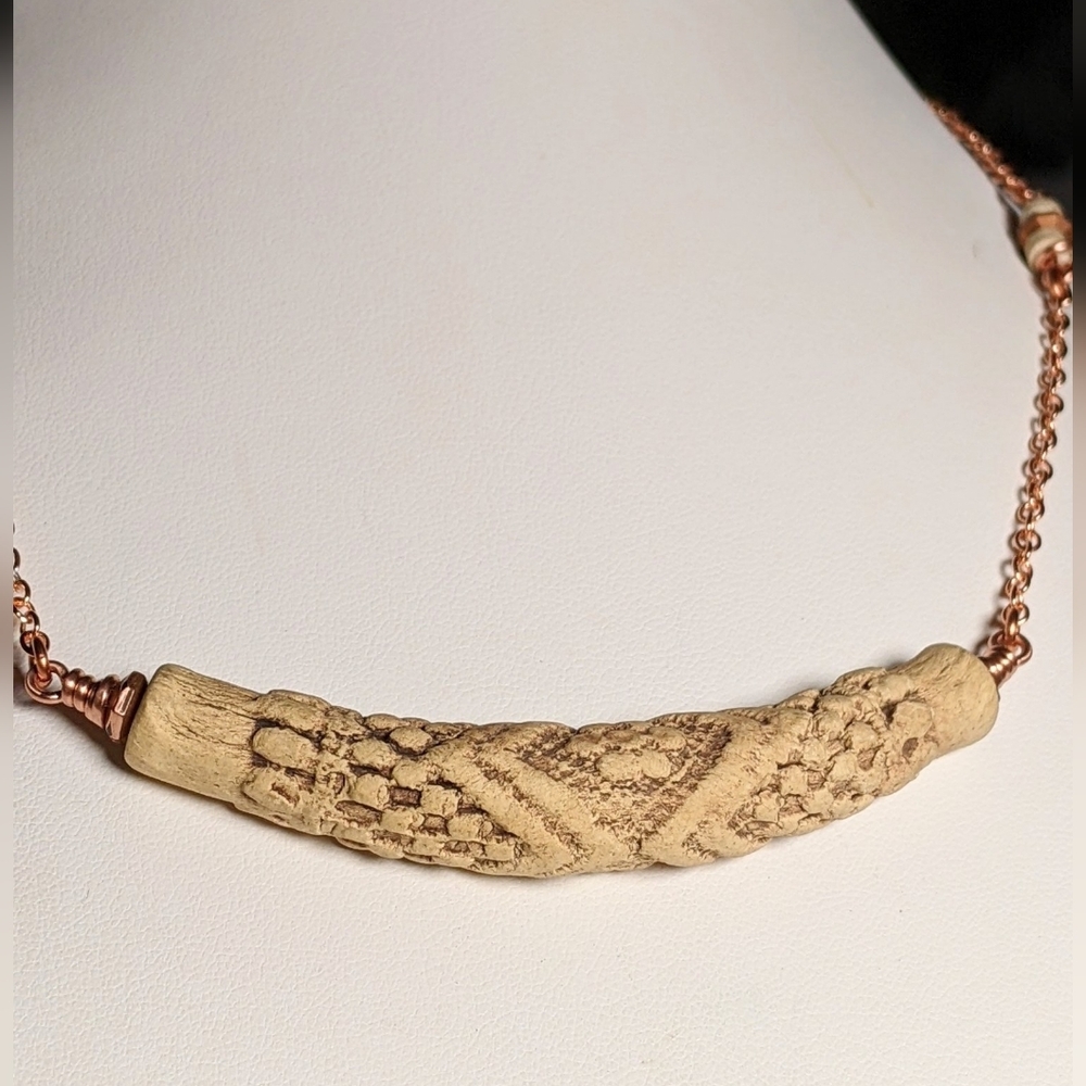 Vintage Embossed Ceramic Bar Necklace Artisan Crafted Jewelry Pure Copper Chain - Picture 12 of 16